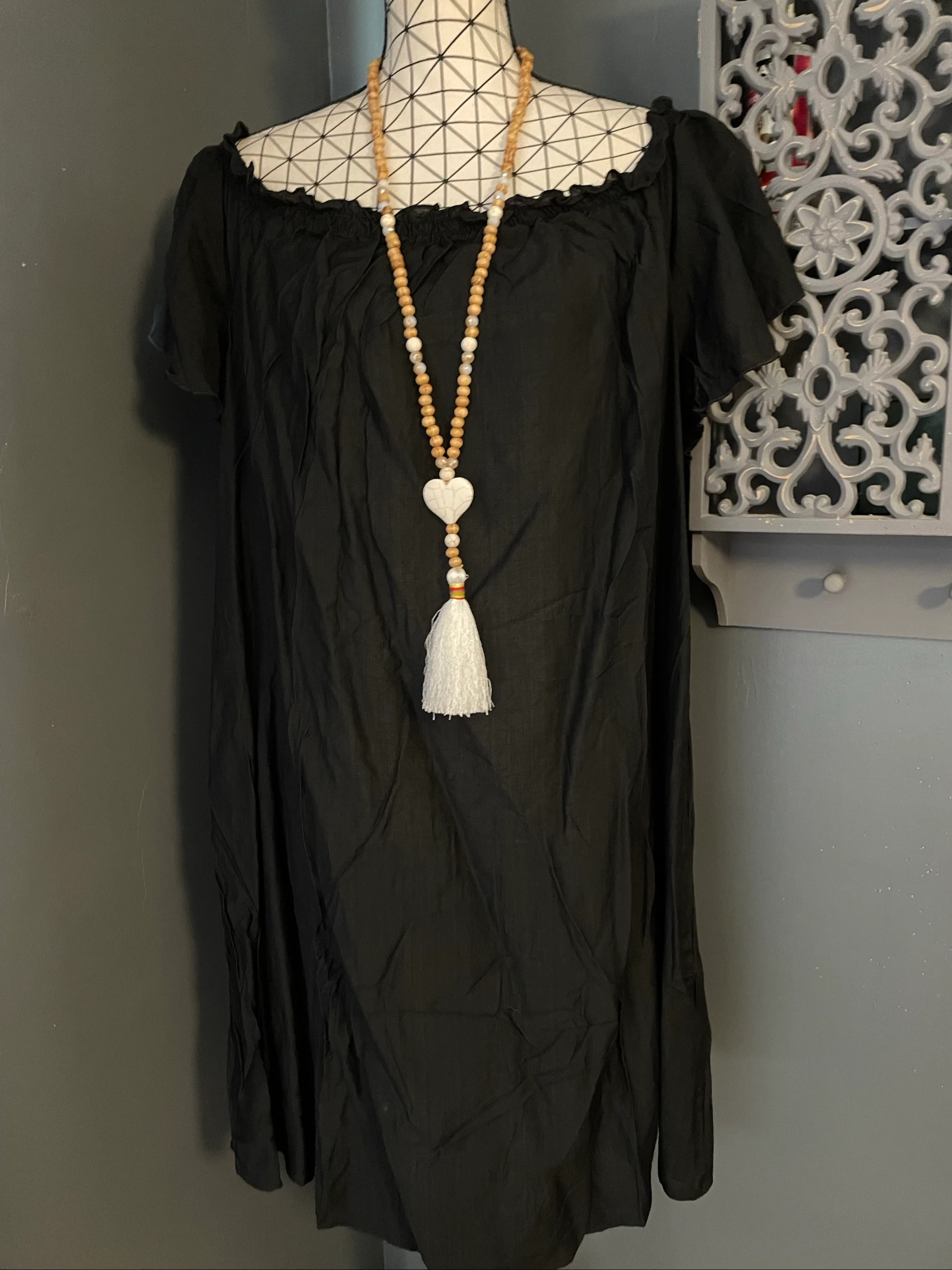 💖 vloeiende zwarte jurk met blote schouders, bohemien, grote maat 50, ruches mouwen 💖 – photo 5